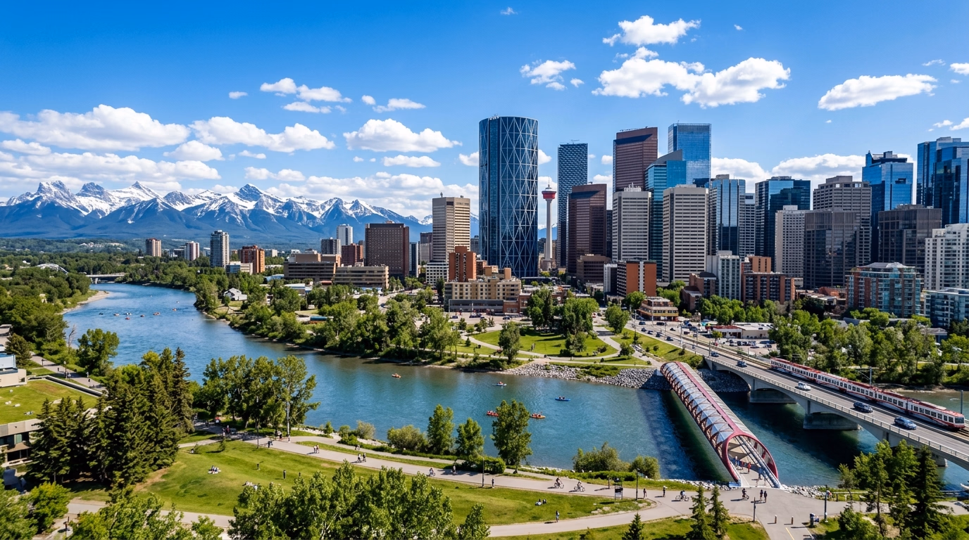 Centro de Calgary com o Rio Bow e as Montanhas Rochosas no horizonte