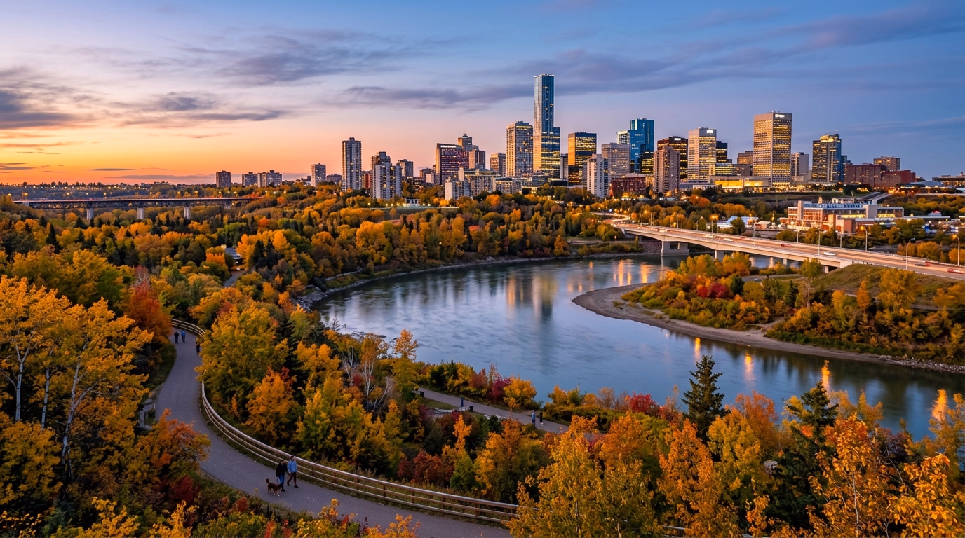 Vale do Rio Saskatchewan do Norte em Edmonton com o skyline ao entardecer