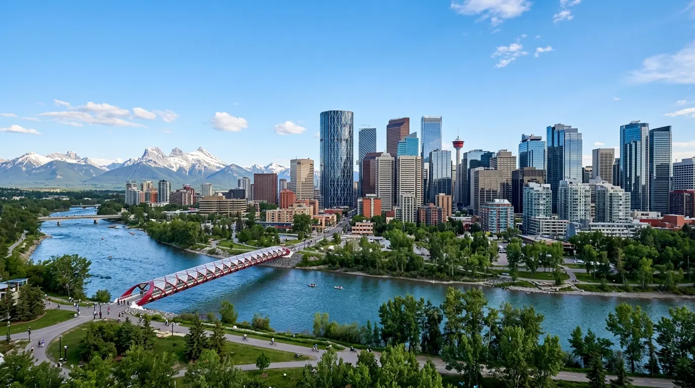 Centro de Calgary com as Montanhas Rochosas visíveis ao fundo e o Rio Bow