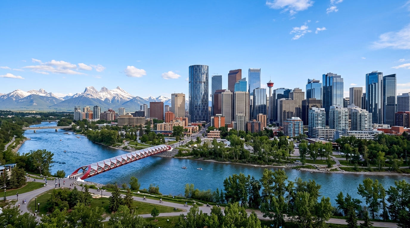 Centro de Calgary com as Montanhas Rochosas visíveis ao fundo e o Rio Bow