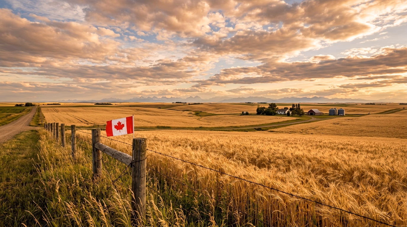Campos de trigo dourados nas pradarias de Alberta com Montanhas Rochosas ao fundo