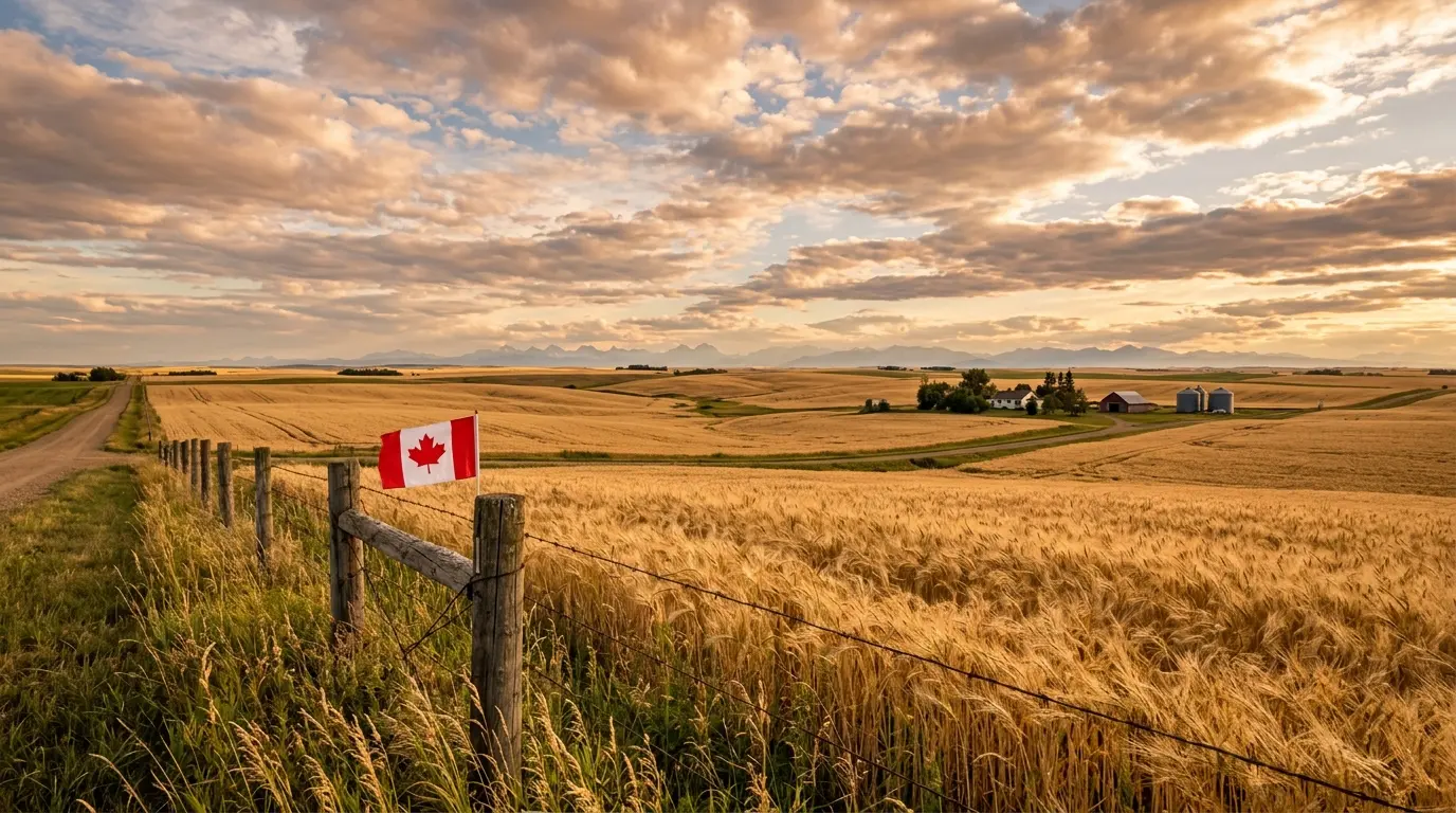 Campos de trigo dourados nas pradarias de Alberta com Montanhas Rochosas ao fundo