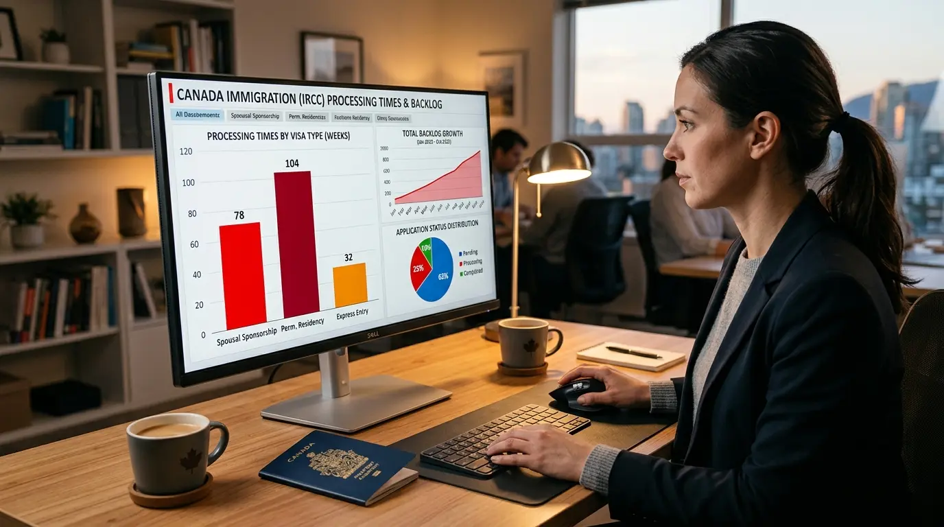 Monitor exibindo gráficos de backlogs de imigração com passaporte canadense na mesa