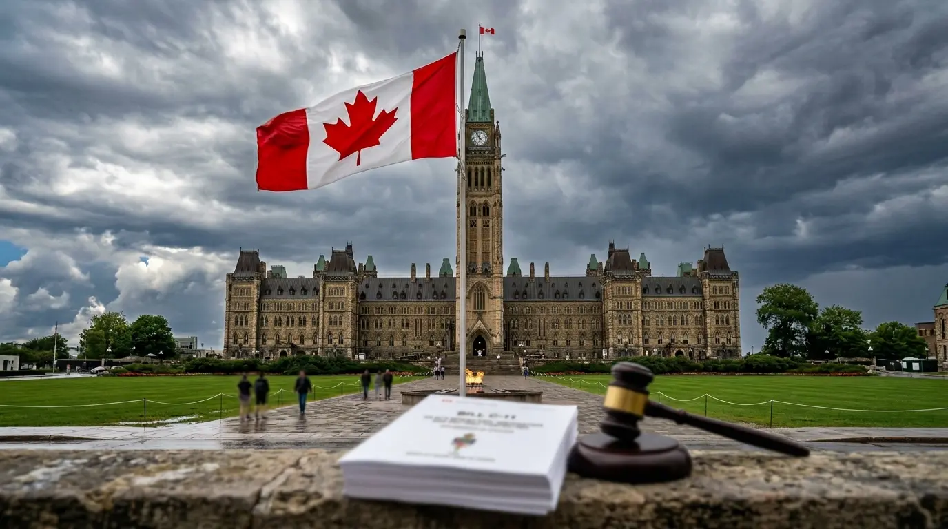 Parlamento canadense em Ottawa com bandeira do Canadá e martelo de juiz simbolizando nova legislação