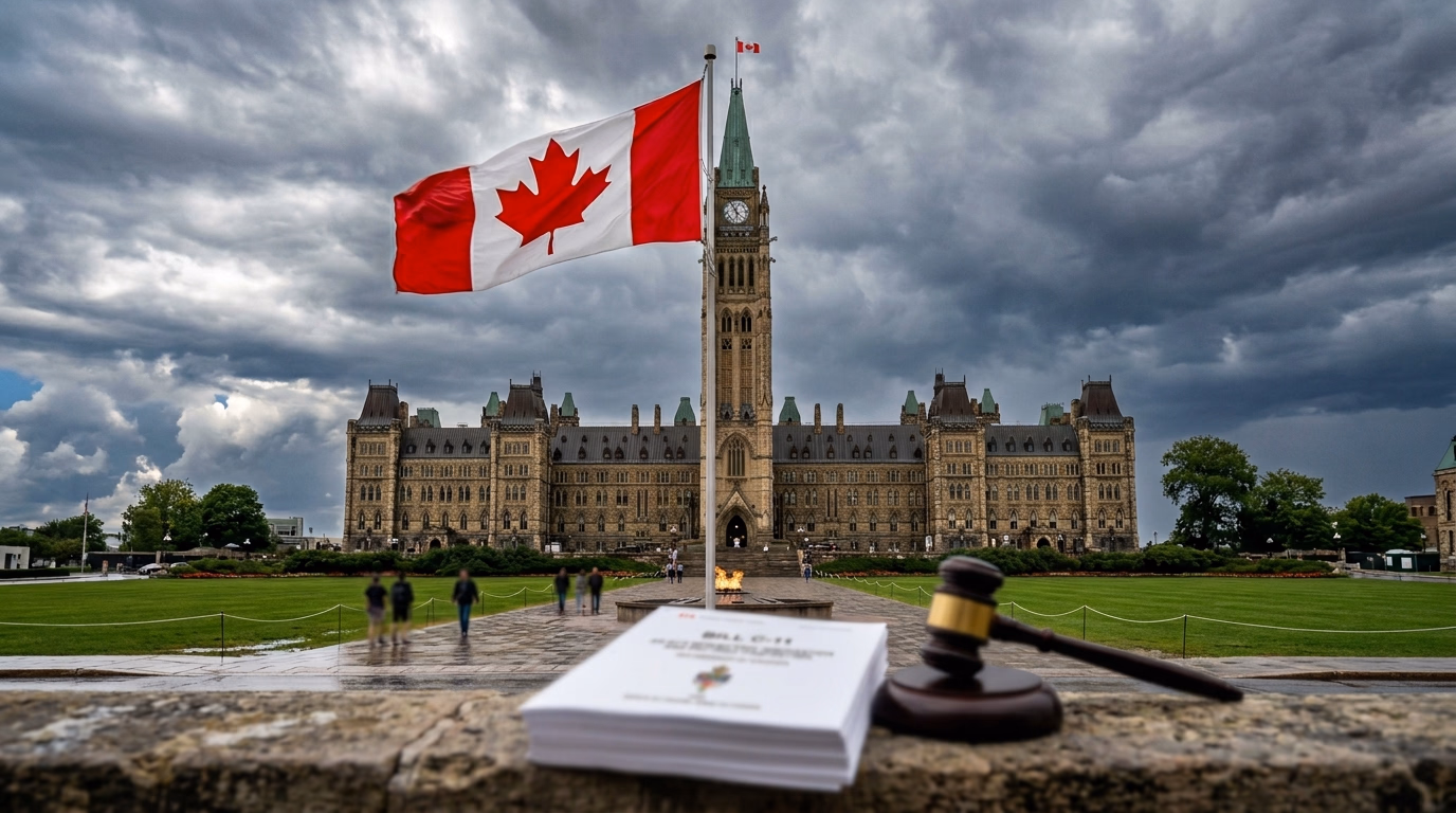 Parlamento canadense em Ottawa com bandeira do Canadá e martelo de juiz simbolizando nova legislação