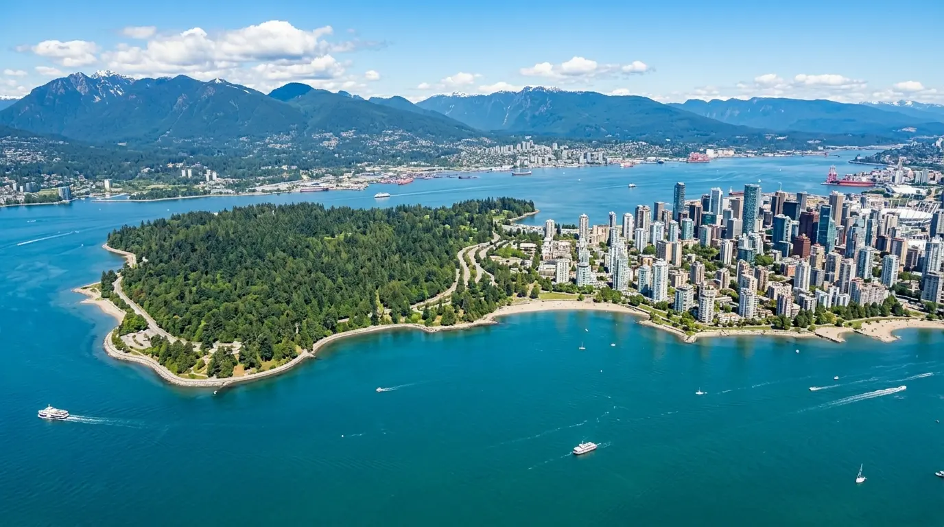 Vancouver com montanhas dramáticas ao fundo e a English Bay no primeiro plano