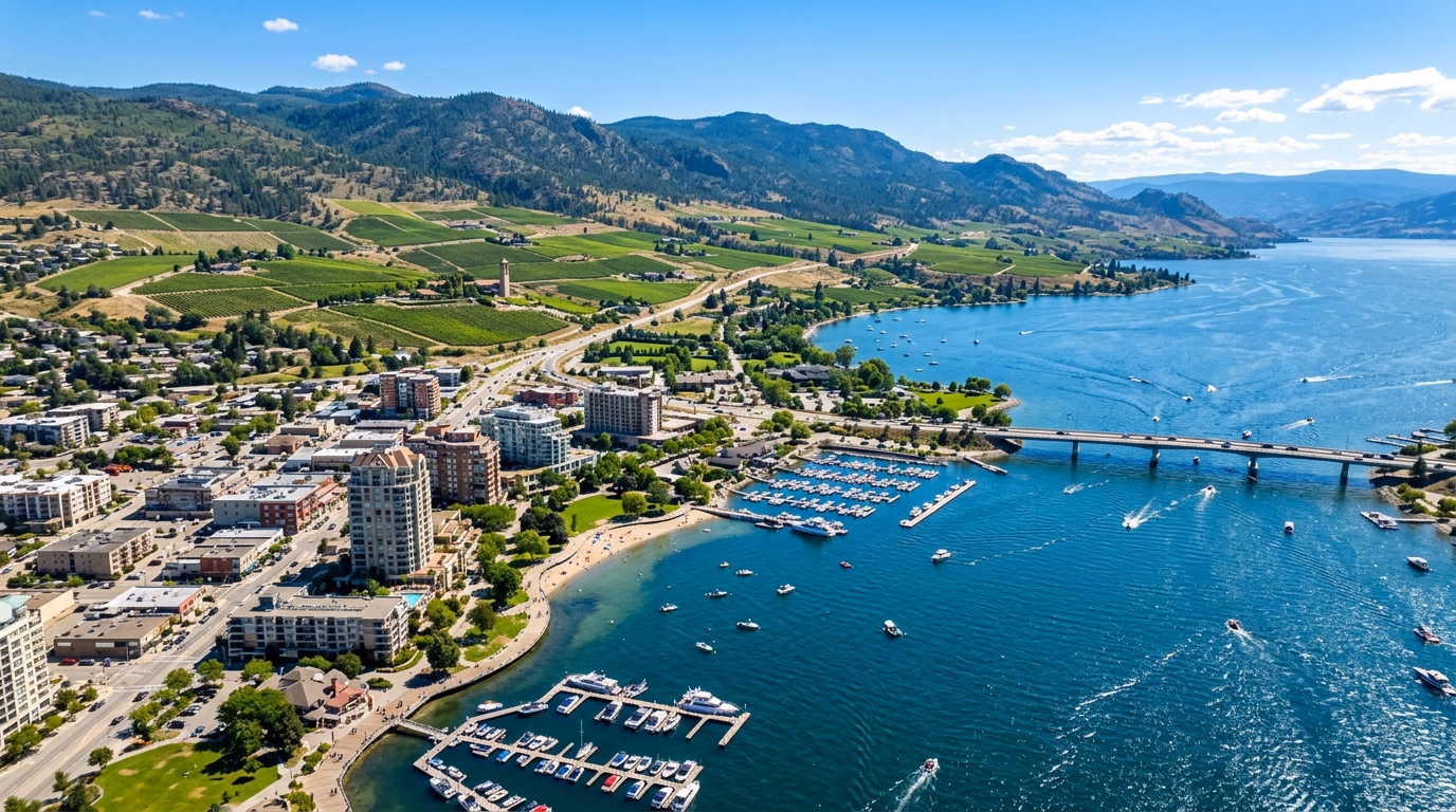 Lago Okanagan em Kelowna com vinhedos ao fundo e orla urbana ensolarada