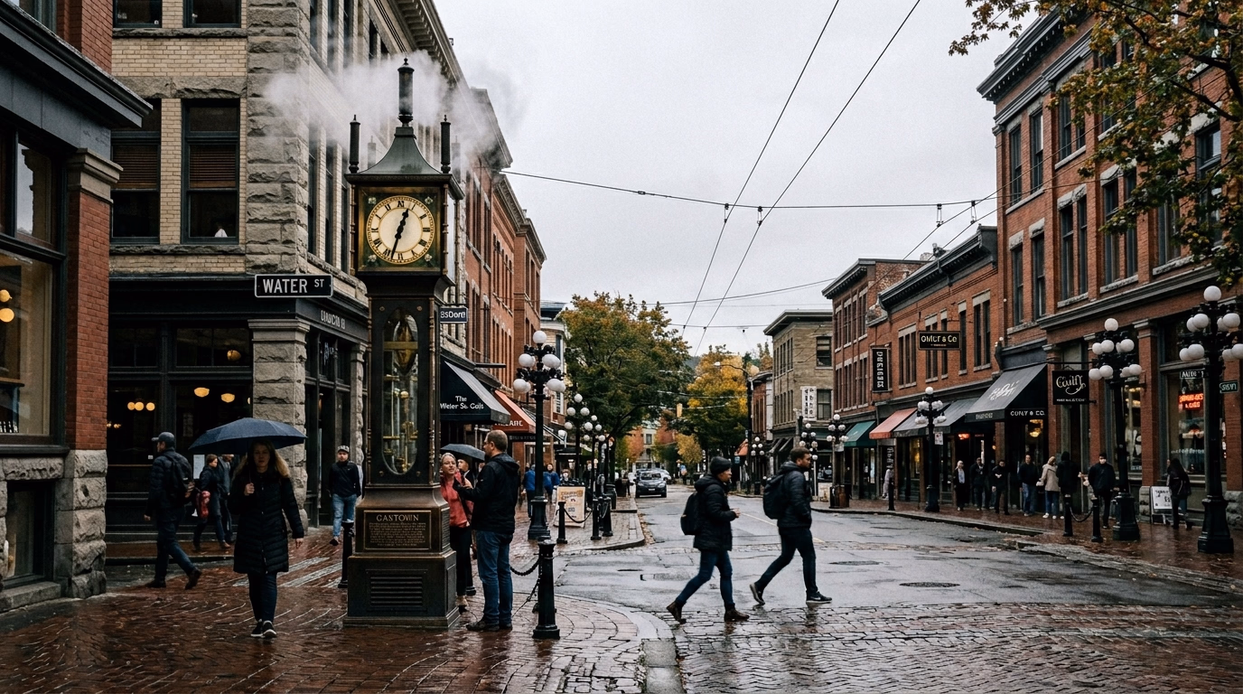 Gastown em Vancouver com a Steam Clock e montanhas ao fundo