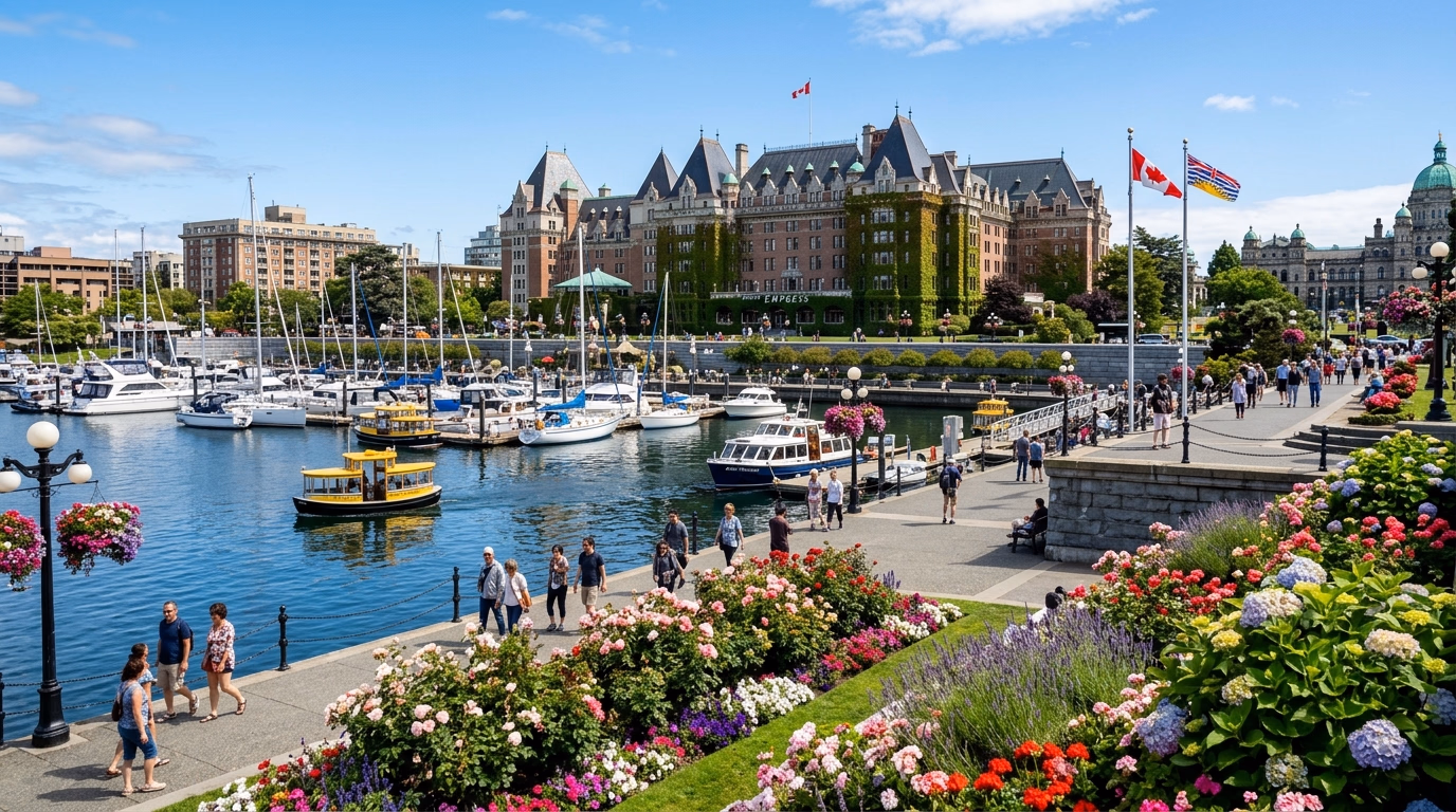 Inner Harbour em Victoria com o Empress Hotel, jardins e barcos
