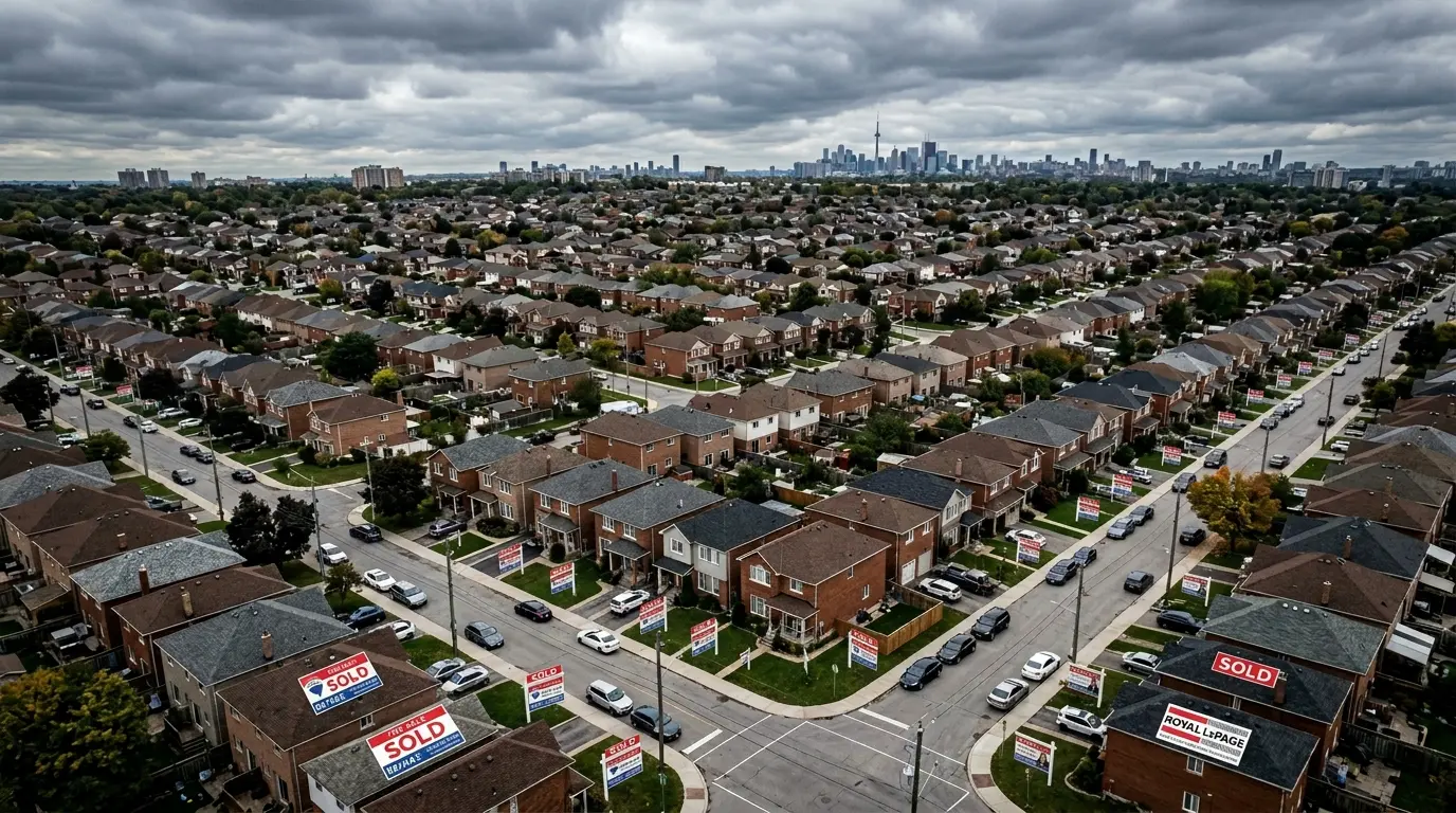 Vista aérea de bairro residencial em Toronto com placas de venda nas casas, representando a crise habitacional canadense