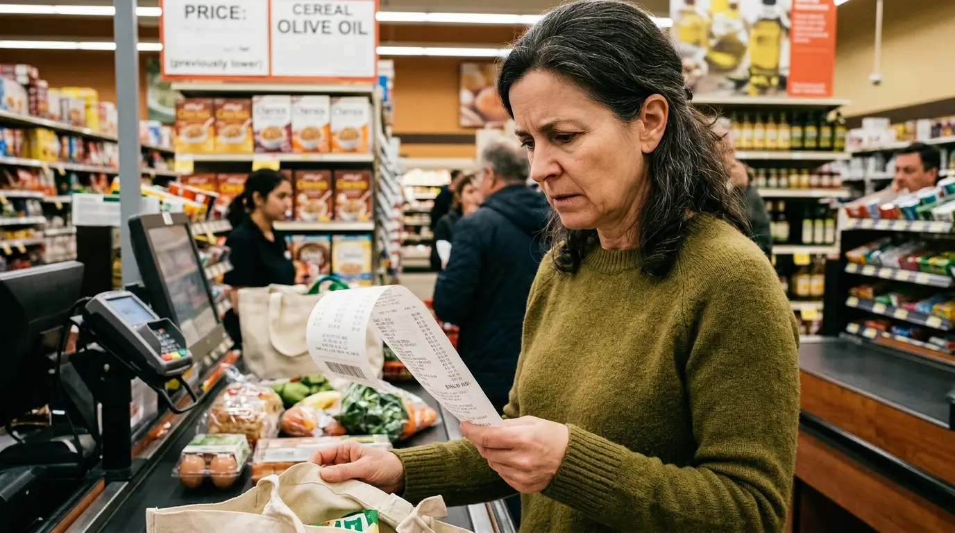 Pessoa analisando recibo em supermercado canadense, simbolizando o impacto da inflação no custo de vida