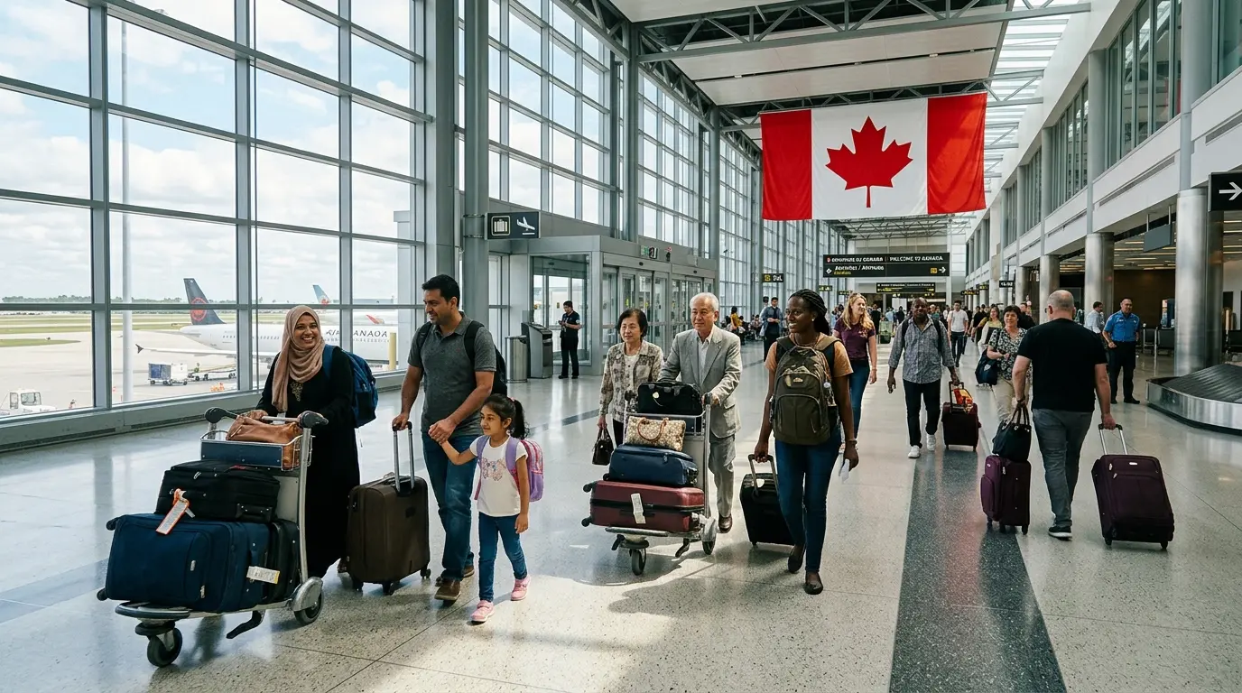 Imigrantes com malas chegando ao terminal de aeroporto canadense com bandeira do Canadá ao fundo