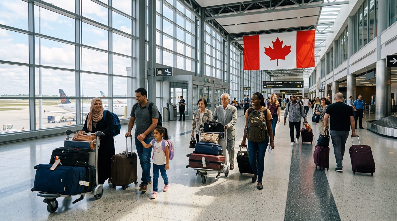 Imigrantes com malas chegando ao terminal de aeroporto canadense com bandeira do Canadá ao fundo