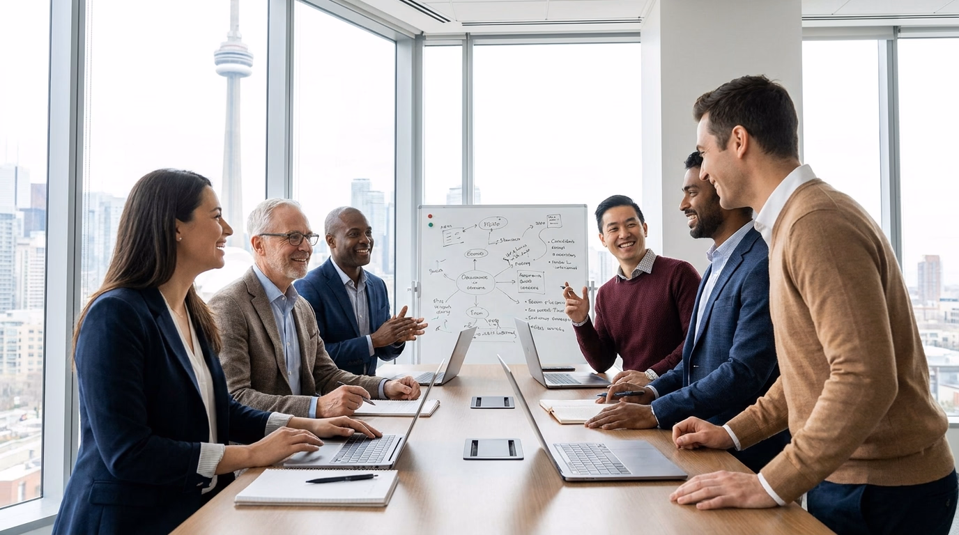 Equipe diversa de profissionais trabalhando em escritório moderno em Toronto, representando o mercado de trabalho canadense