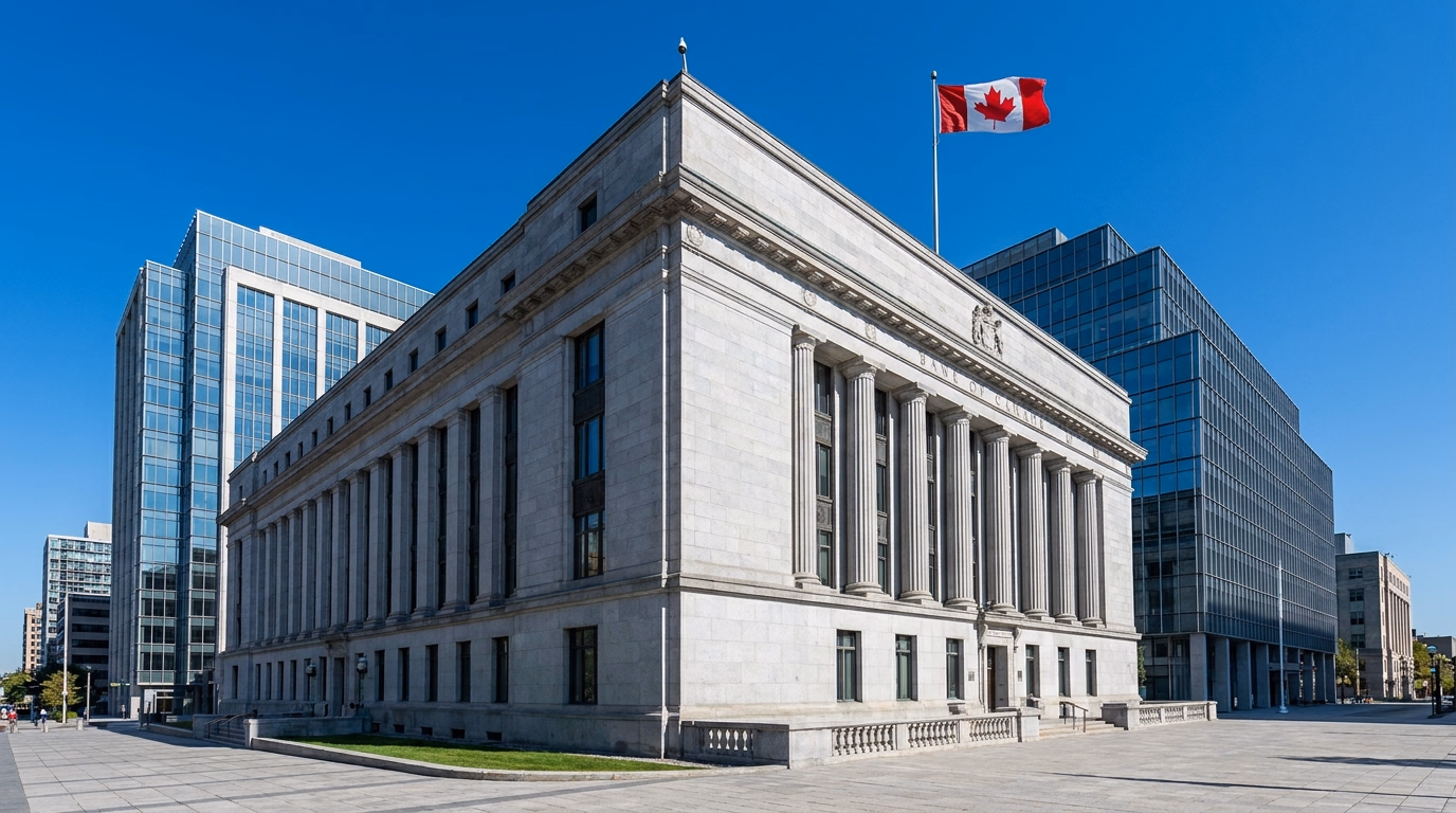 Sede do Banco do Canadá em Ottawa com bandeira canadense, representando a política de taxa de juros