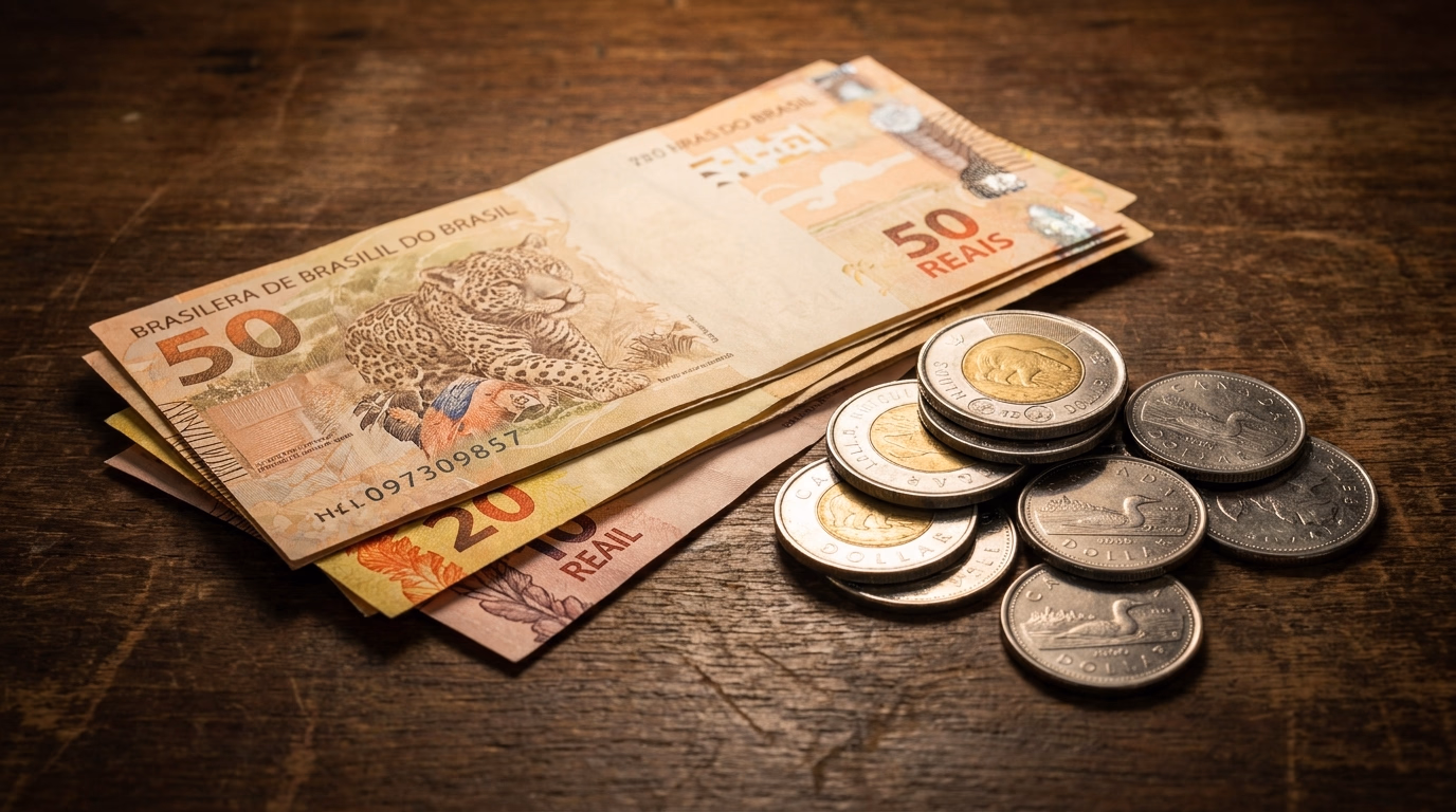 Notas de real brasileiro e moedas de dólar canadense lado a lado em mesa escura, representando a taxa de câmbio BRL/CAD