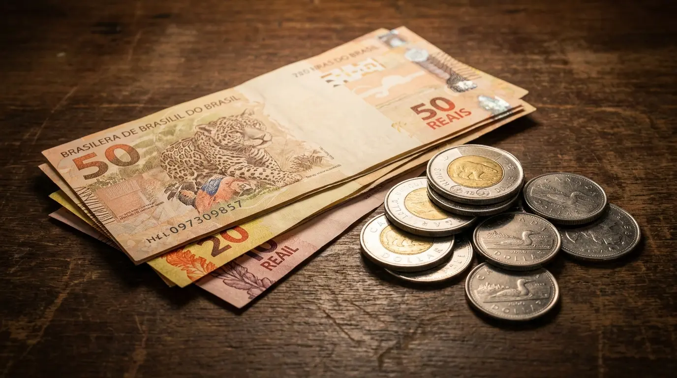 Brazilian real banknotes and Canadian dollar coins side by side on a dark table, representing the BRL/CAD exchange rate