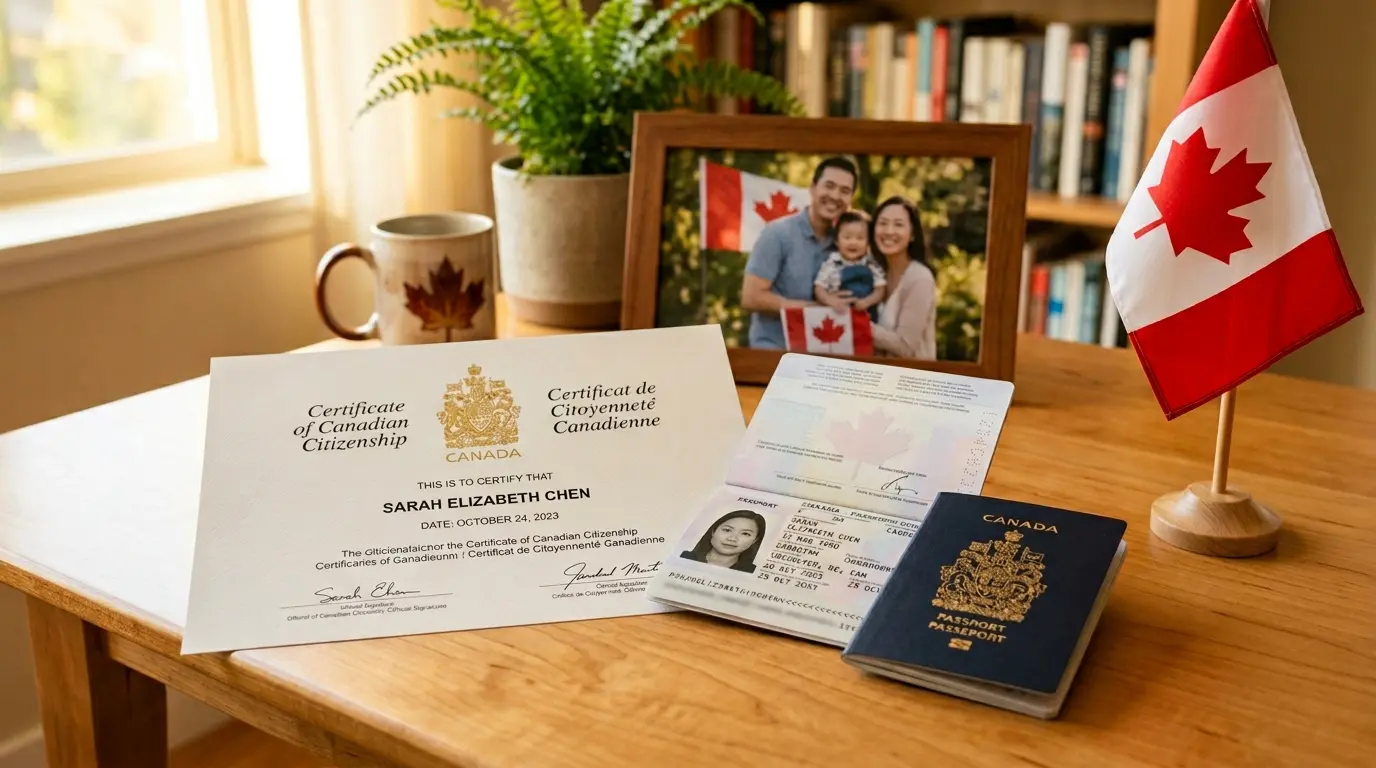 Certificado de cidadania canadense e passaporte aberto em mesa de madeira com bandeira do Canadá