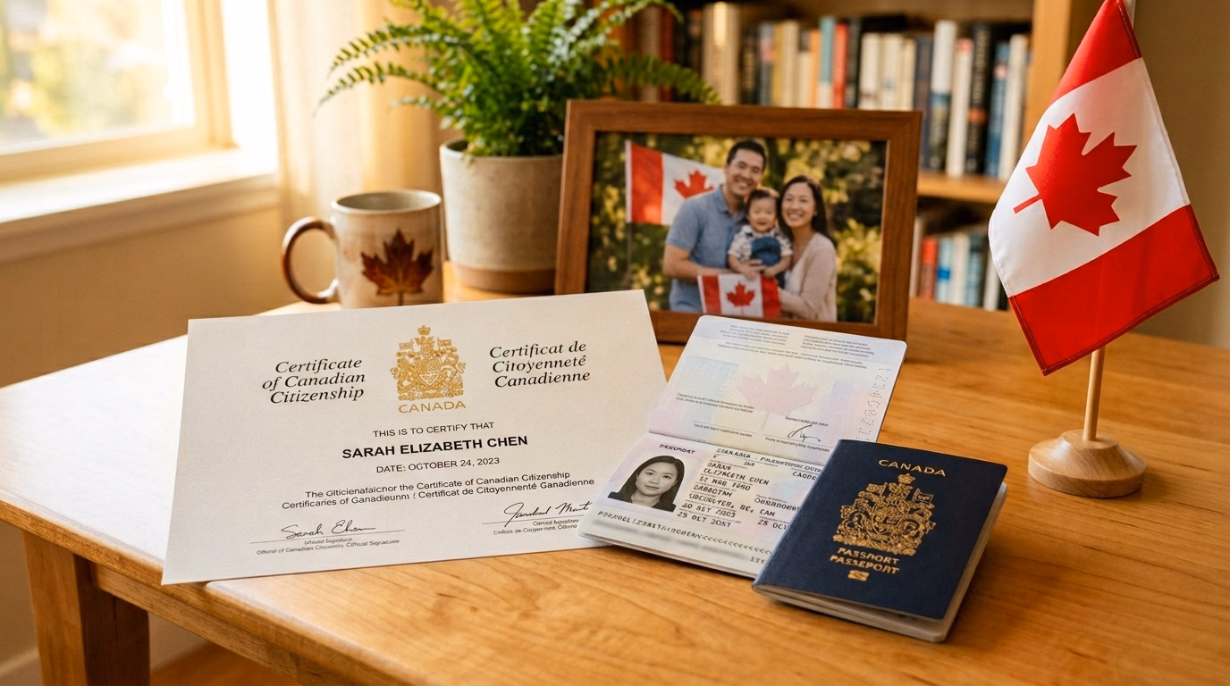 Certificado de cidadania canadense e passaporte aberto em mesa de madeira com bandeira do Canadá