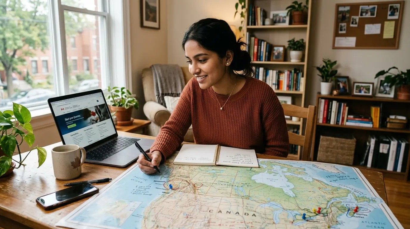 Pessoa planejando sua jornada de imigração para o Canadá com laptop e mapa