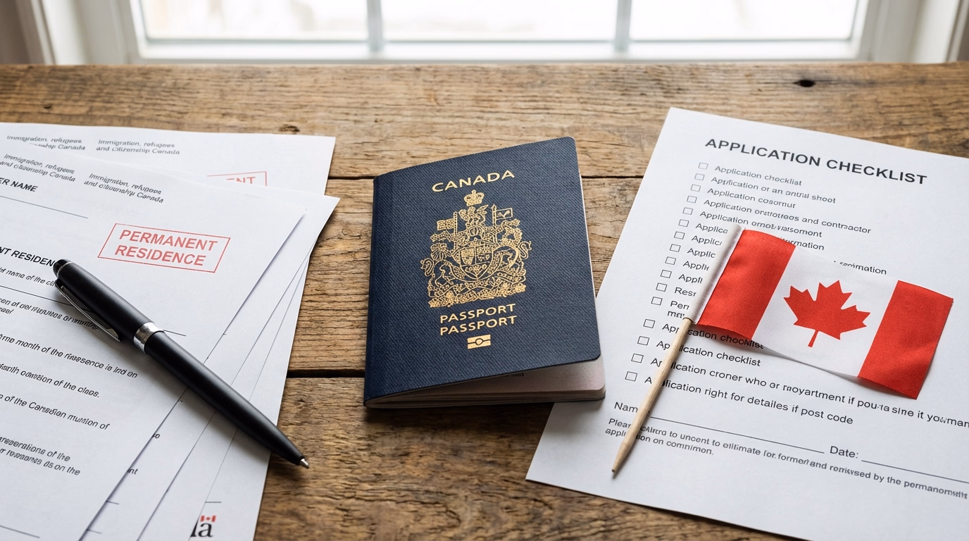 Documentos de imigração canadense organizados sobre uma mesa