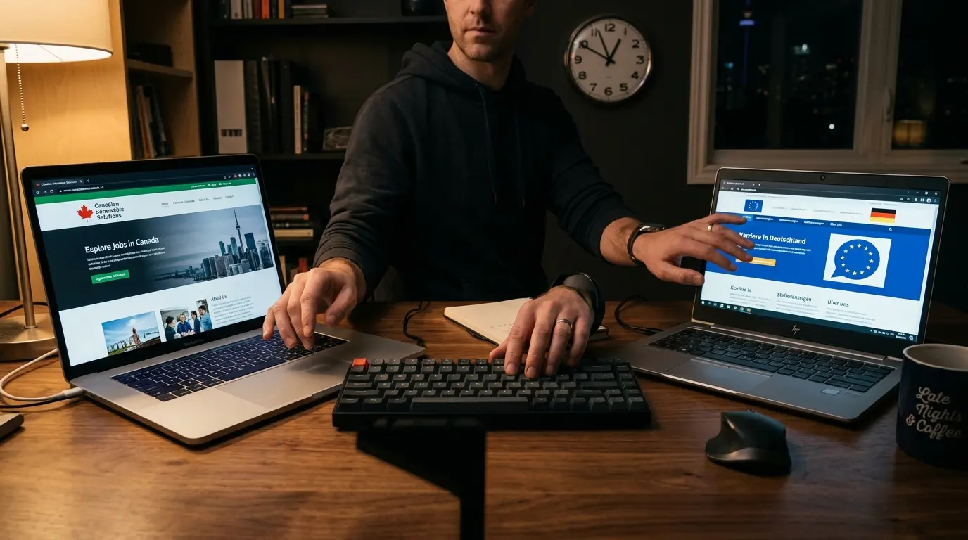 Dois laptops em uma mesa representando trabalho simultâneo para empresas canadense e estrangeira