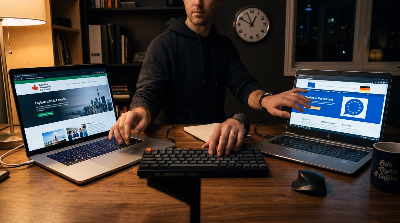 Dois laptops em uma mesa representando trabalho simultâneo para empresas canadense e estrangeira