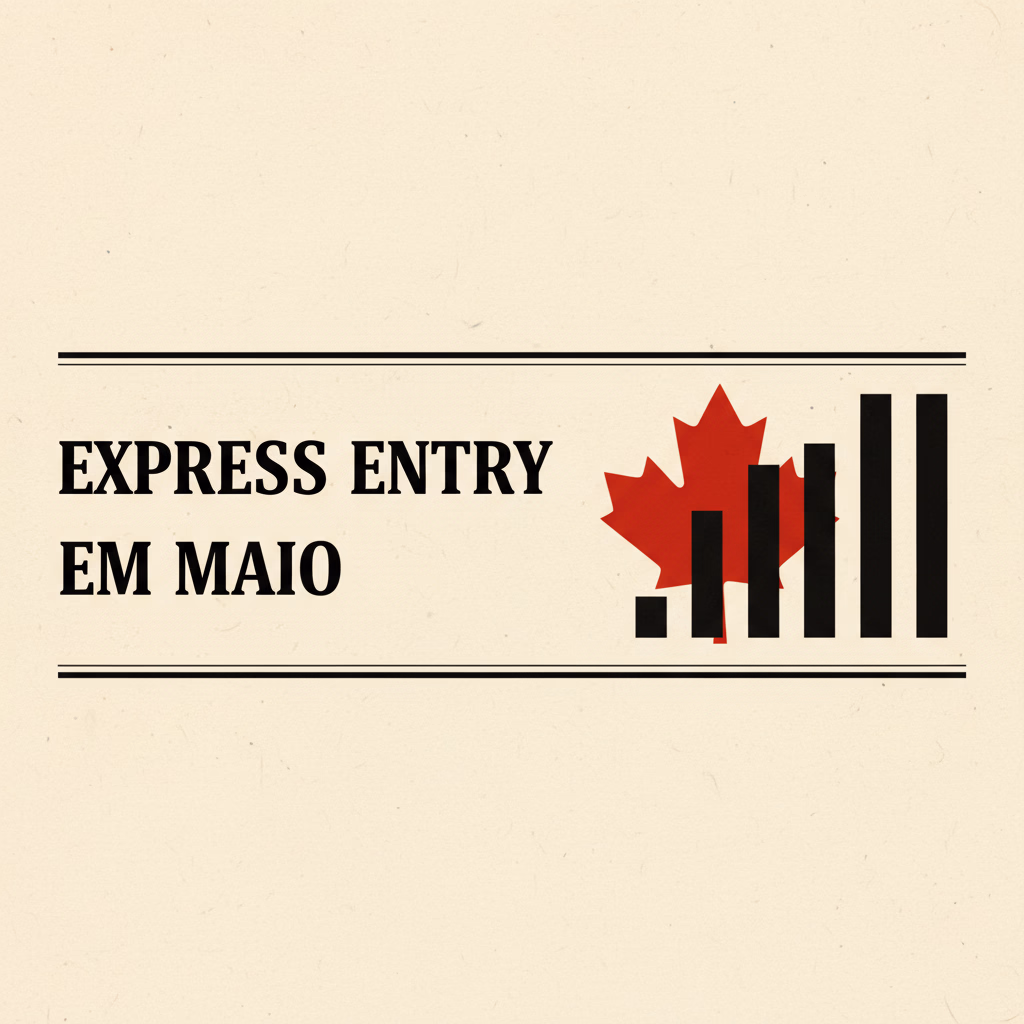 Capa editorial em papel creme: manchete Express Entry em maio, folha de bordo vermelha e barras de gráfico.
