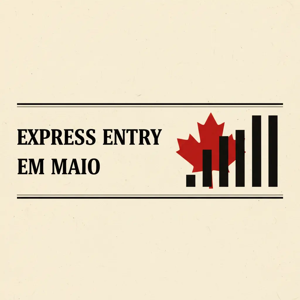 Capa editorial em papel creme: manchete Express Entry em maio, folha de bordo vermelha e barras de gráfico.