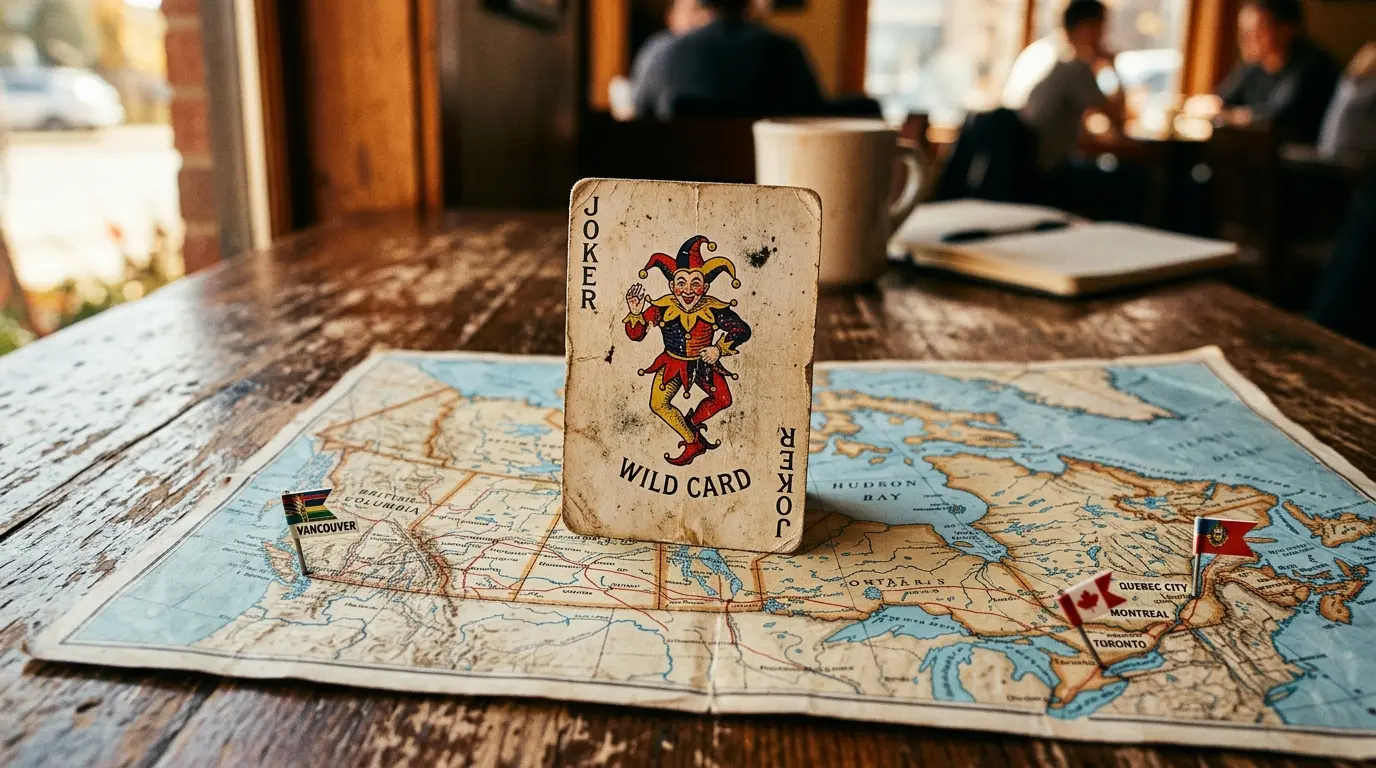 Baralho de cartas com a carta coringa estendida sobre mapa do Canadá com sinalizações de cidades