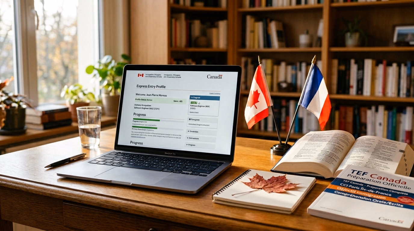 Mesa de estudo com laptop mostrando Express Entry, bandeiras do Canadá e França, e livro de preparação TEF