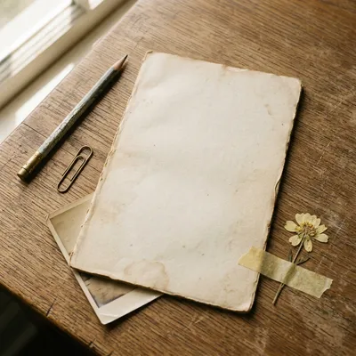 Página de diário antigo em papel envelhecido sobre mesa de madeira, com clipe de bronze, lápis gasto, flor seca com fita e canto de foto sépia desbotada.