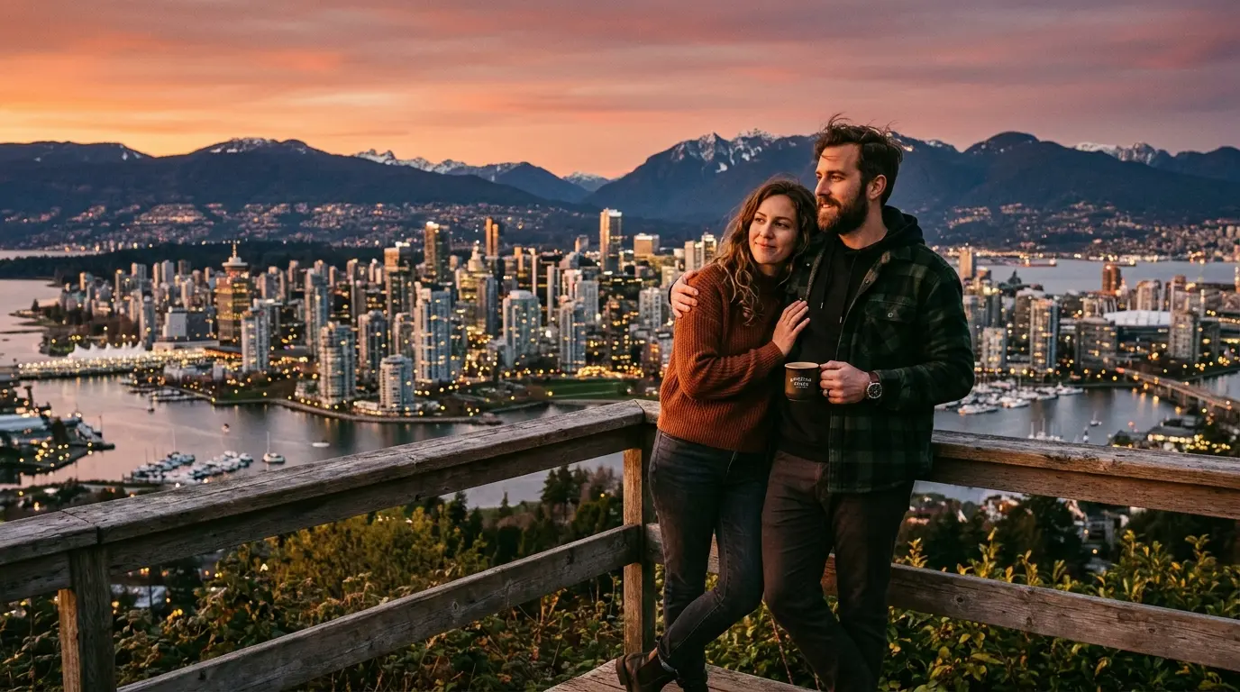 Casal olhando para o horizonte de Vancouver com a cidade ao fundo ao entardecer