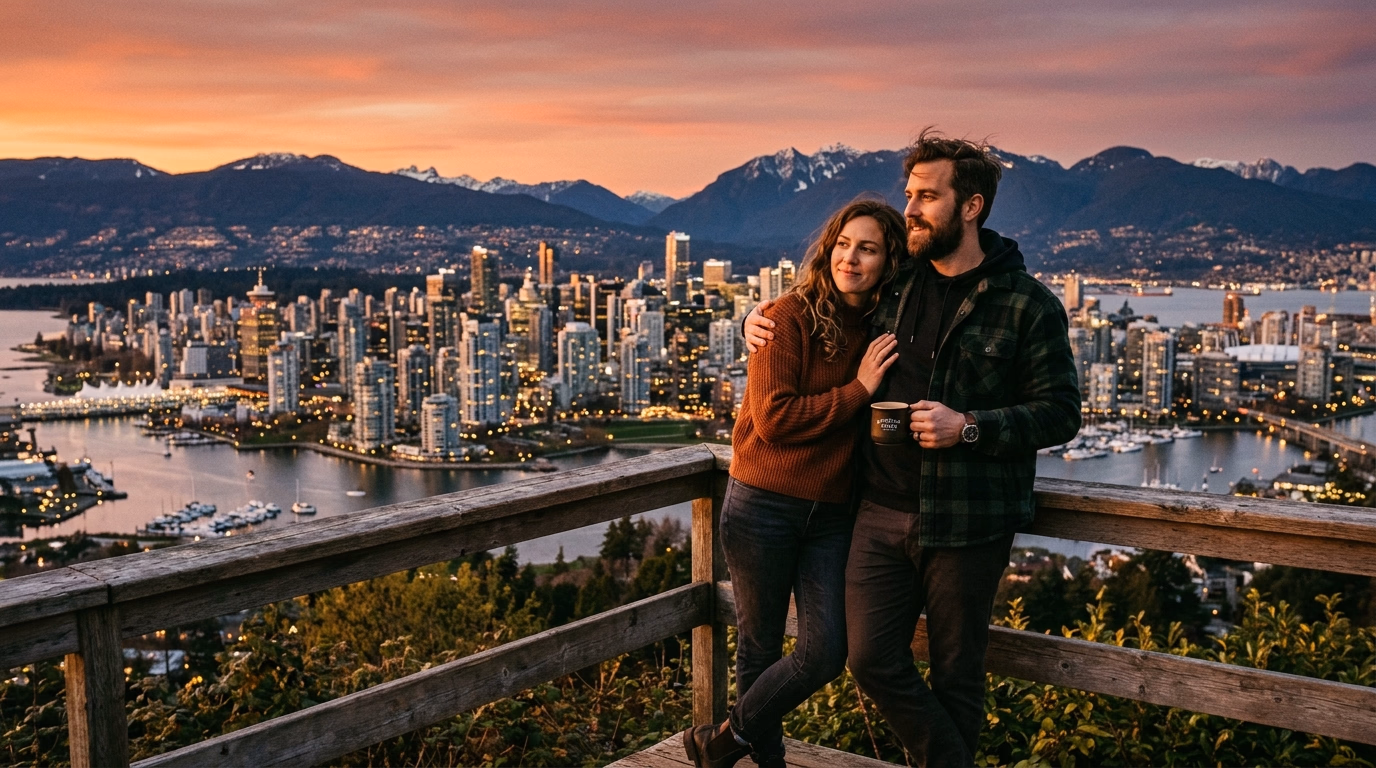 Casal olhando para o horizonte de Vancouver com a cidade ao fundo ao entardecer
