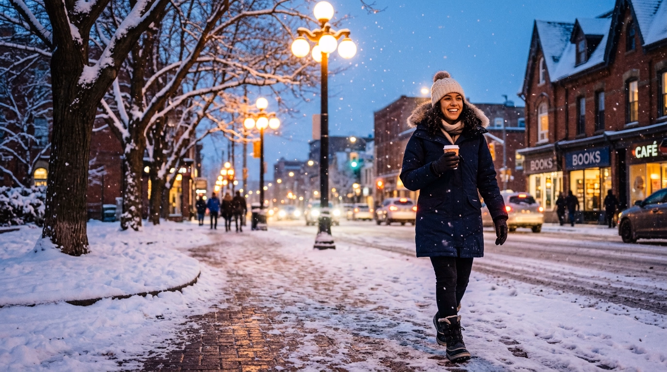 Pessoa caminhando em rua nevada no Canadá durante o inverno