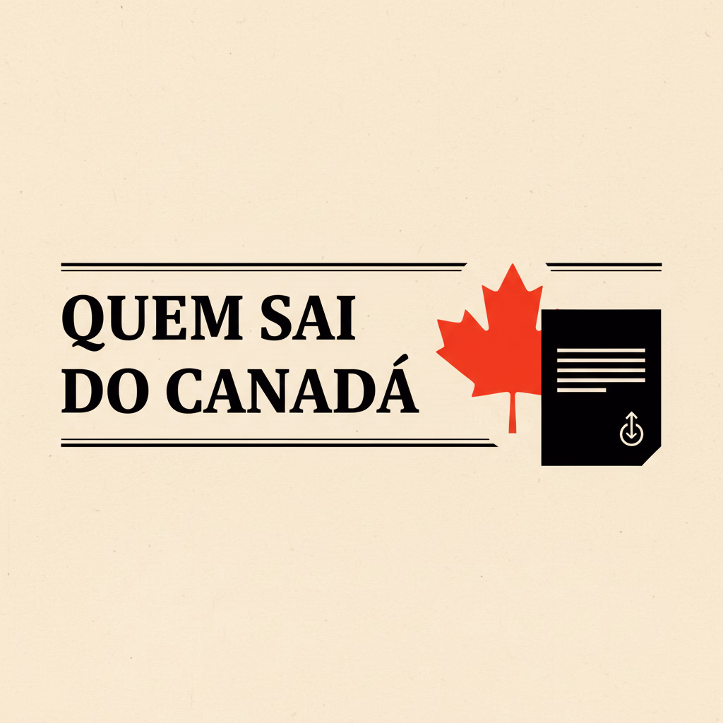 Capa editorial em papel creme: manchete Quem sai do Canadá, folha de bordo vermelha e um documento oficial com seta de saída.