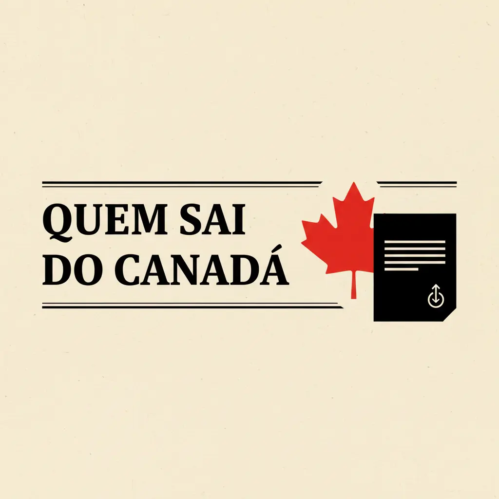 Capa editorial em papel creme: manchete Quem sai do Canadá, folha de bordo vermelha e um documento oficial com seta de saída.