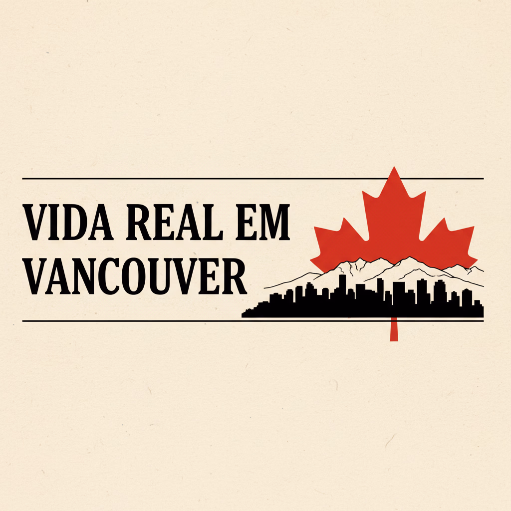 Capa editorial em papel creme: manchete Vida real em Vancouver, folha de bordo vermelha e a silhueta da cidade de Vancouver.