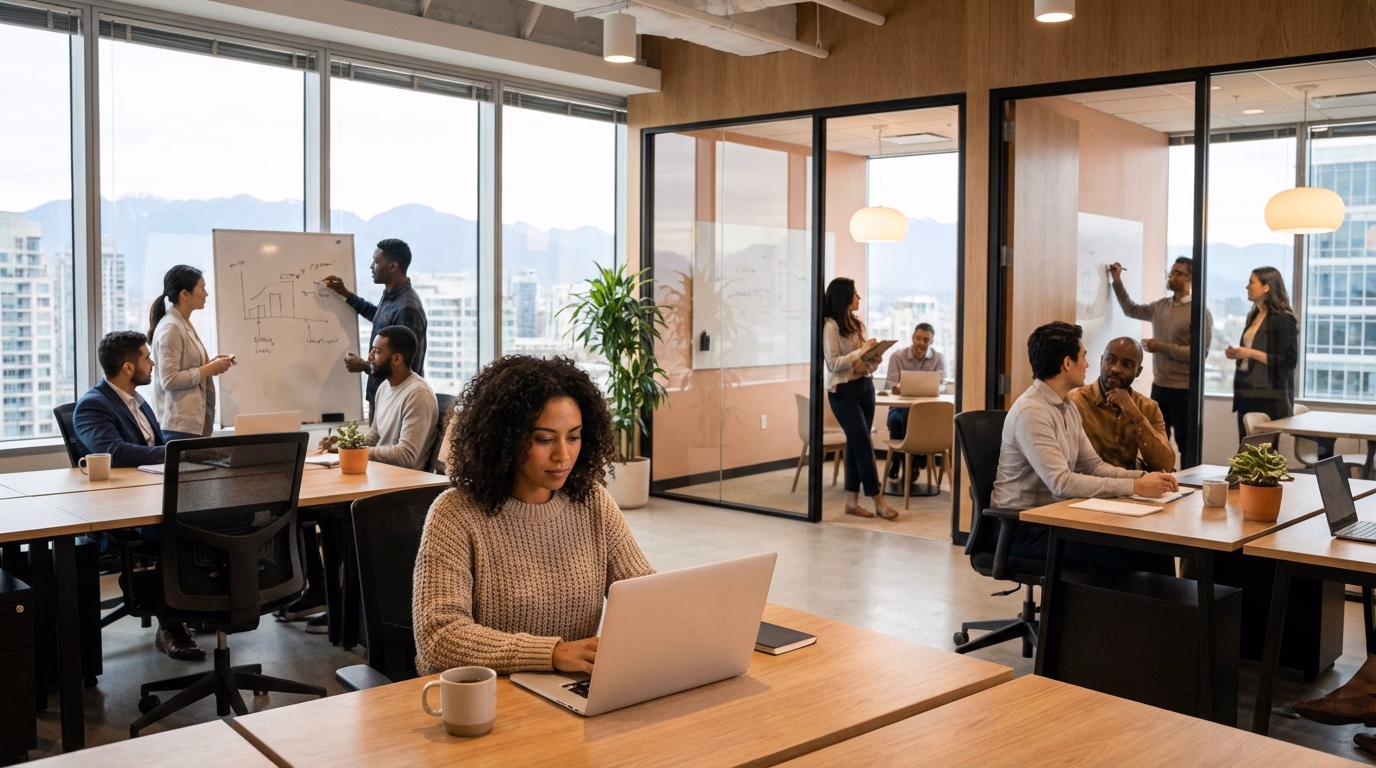 Profissional trabalhando em escritório moderno no Canadá