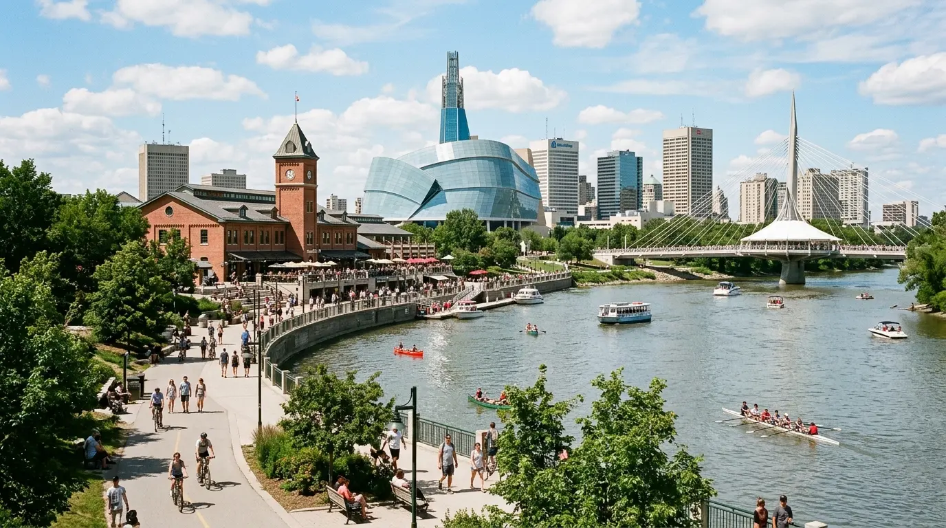 The Forks em Winnipeg com o Rio Assiniboine ao fundo em um dia de verão