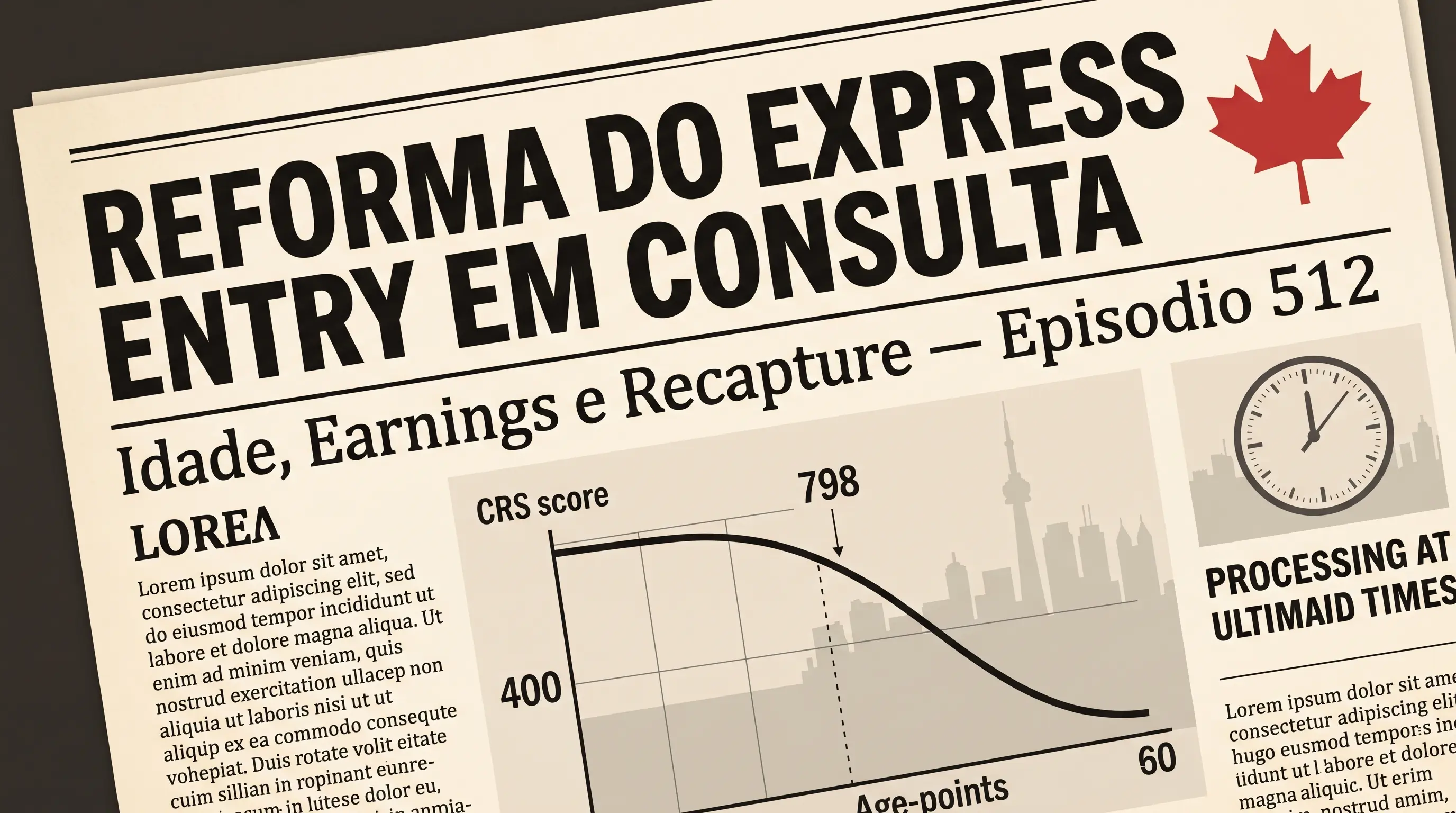 Capa editorial em papel jornal creme com a manchete "Reforma do Express Entry em Consulta", folha-de-bordo vermelha e gráfico de CRS mostrando 400 e 798 ao lado de uma curva de pontos por idade caindo