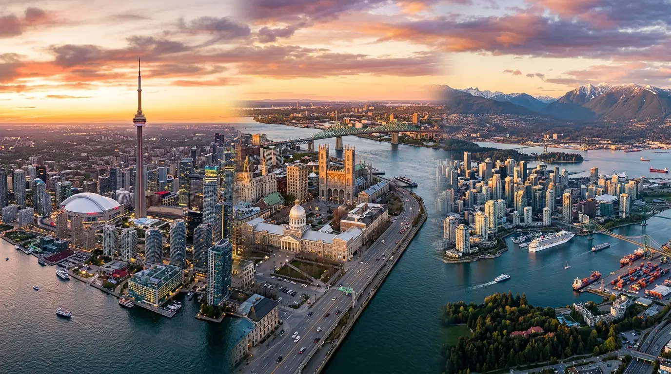 Panorama de cidades canadenses incluindo Toronto, Vancouver e Montreal