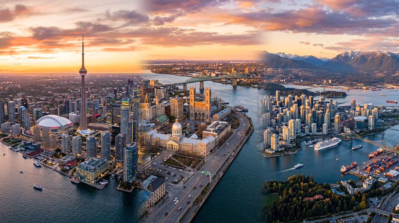 Panorama de cidades canadenses incluindo Toronto, Vancouver e Montreal