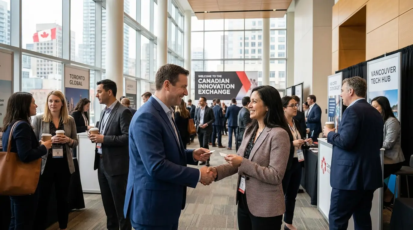 Profissionais em evento de networking e feira de emprego no Canadá