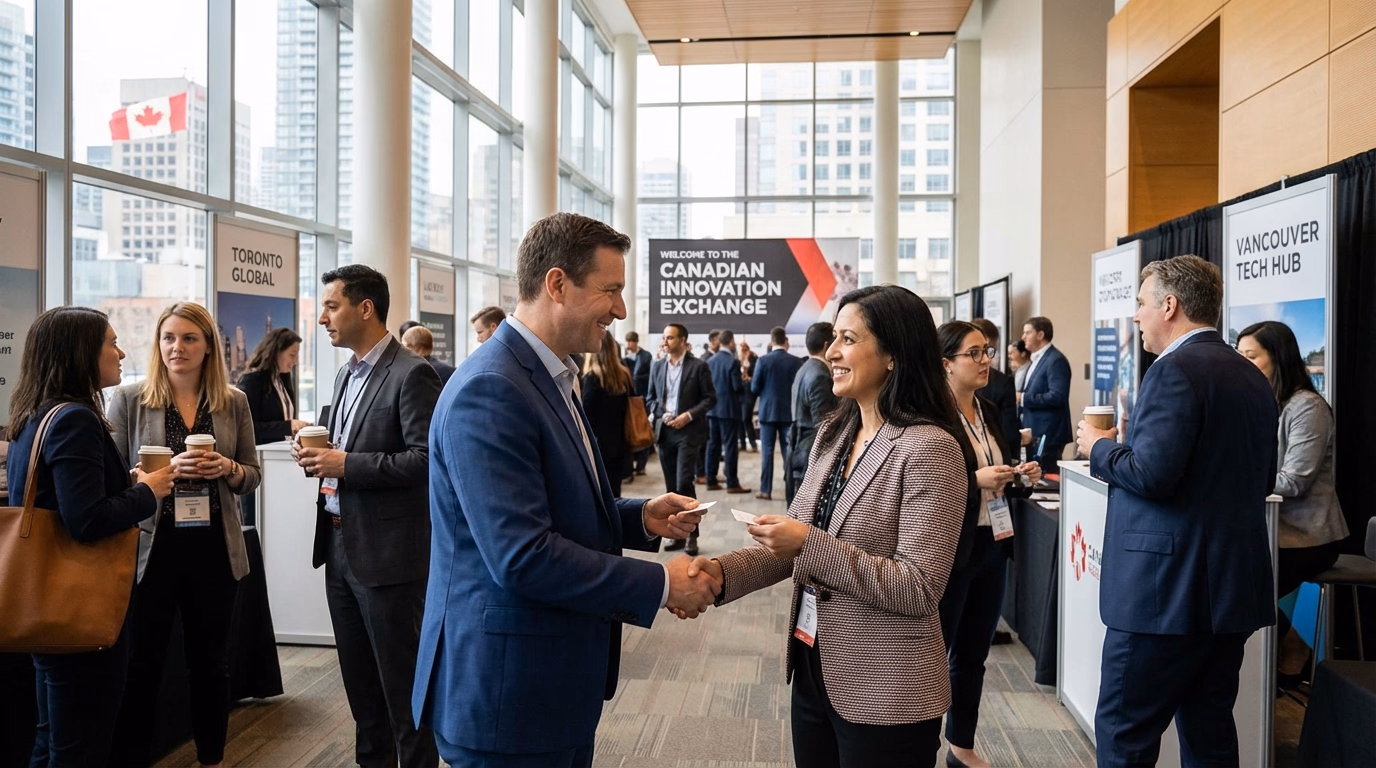 Profissionais em evento de networking e feira de emprego no Canadá