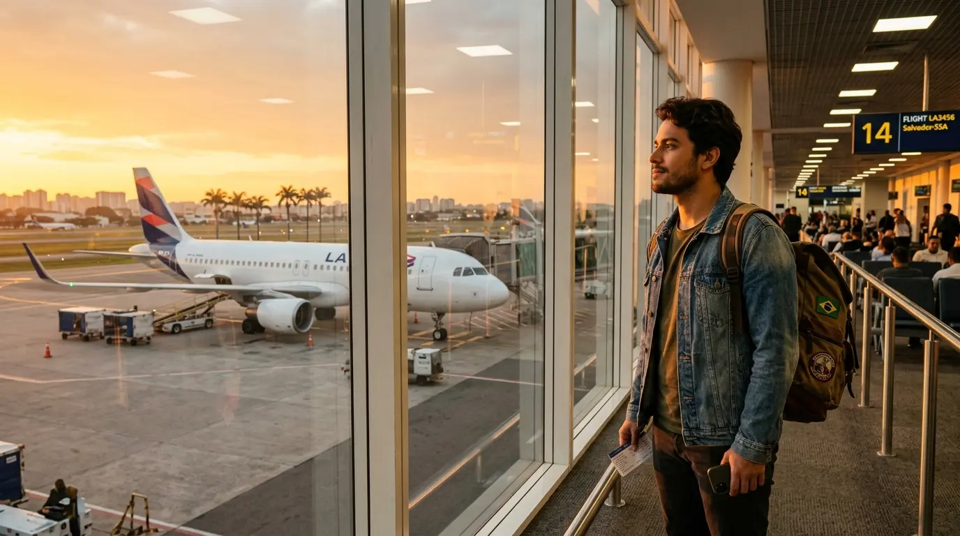 Jovem brasileiro no aeroporto olhando pela janela antes de embarcar