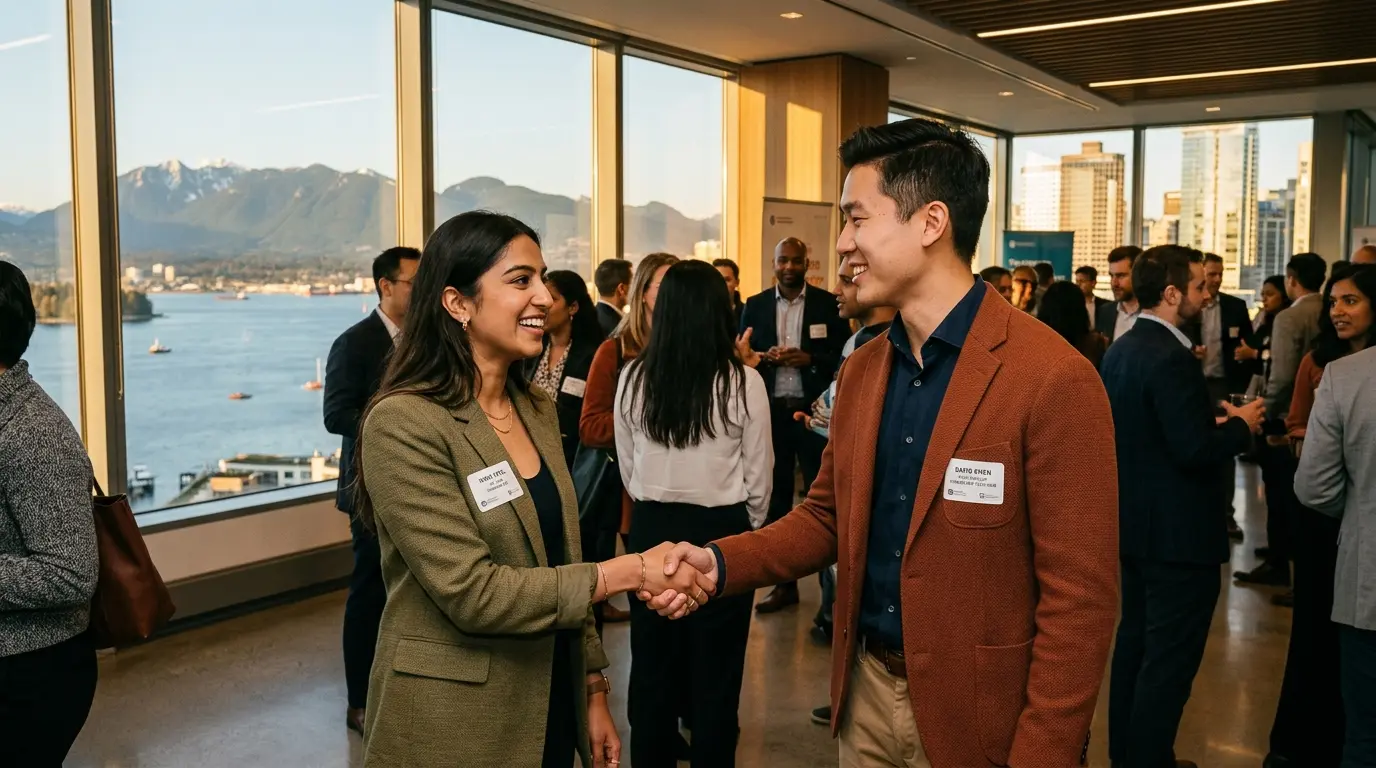 Duas pessoas apertando as mãos num evento profissional em Vancouver, crachás visíveis