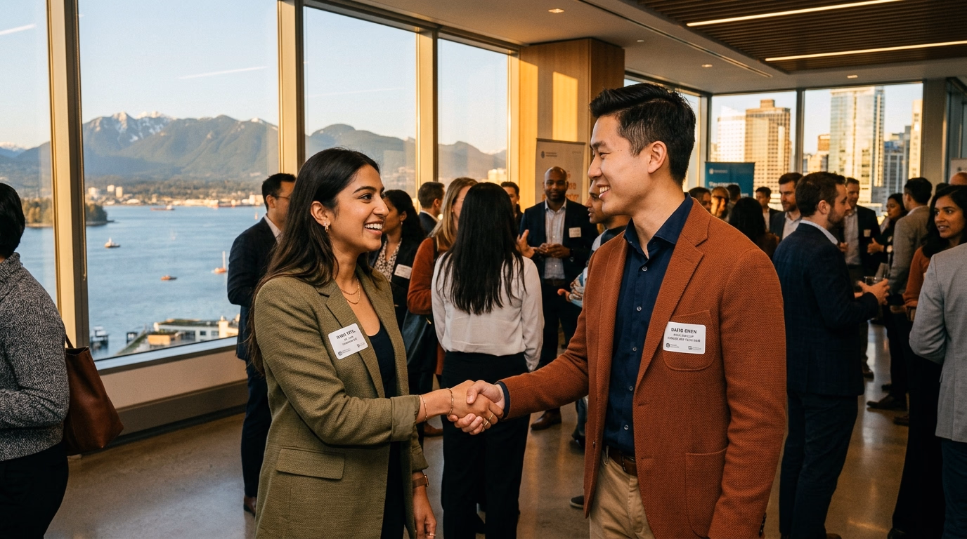 Duas pessoas apertando as mãos num evento profissional em Vancouver, crachás visíveis