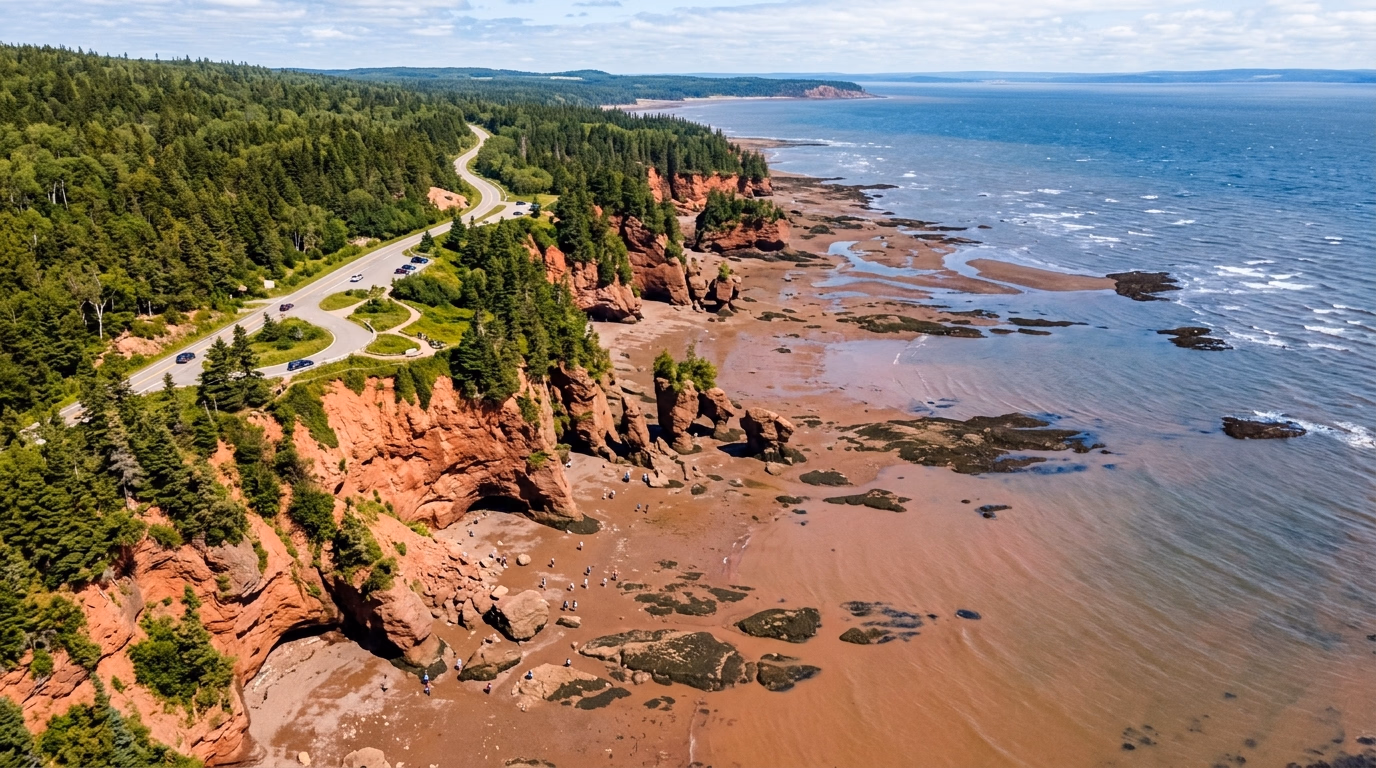 Falésias vermelhas da Baía de Fundy em New Brunswick com maré dramática