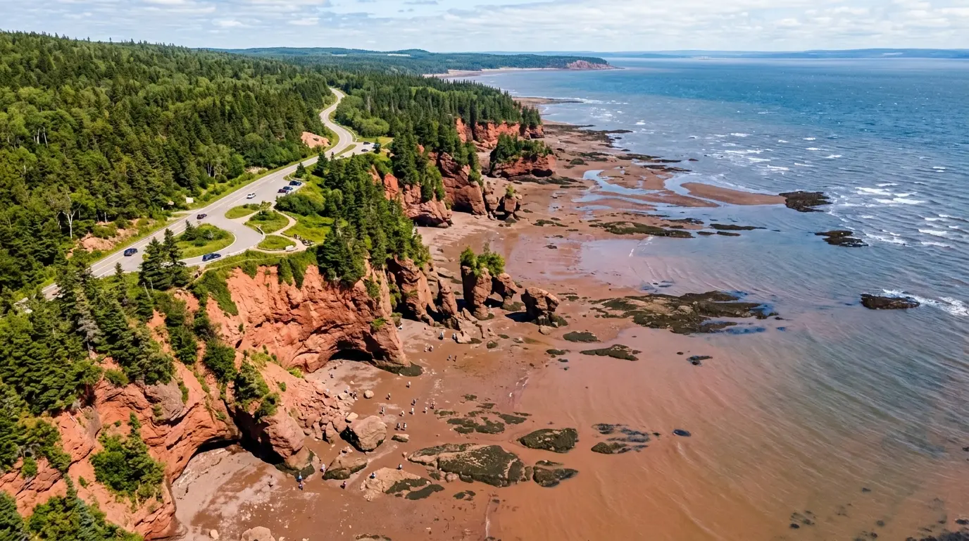 Falésias vermelhas da Baía de Fundy em New Brunswick com maré dramática
